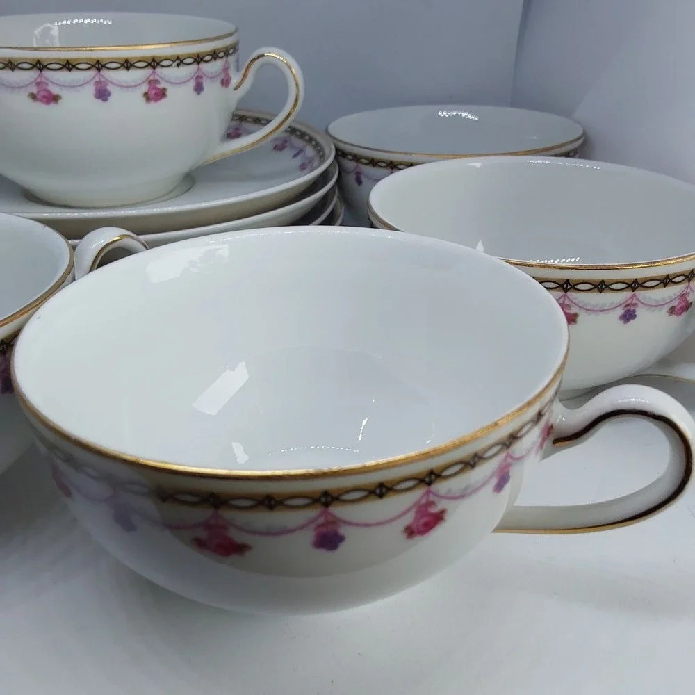 Heinrich‎ H&C  Set Of 5 Pink Roses Gray Laurel Cup & Saucer Sets